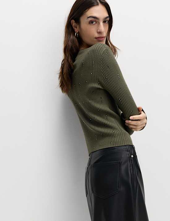 Embellished Crew Neck Fitted Cardigan