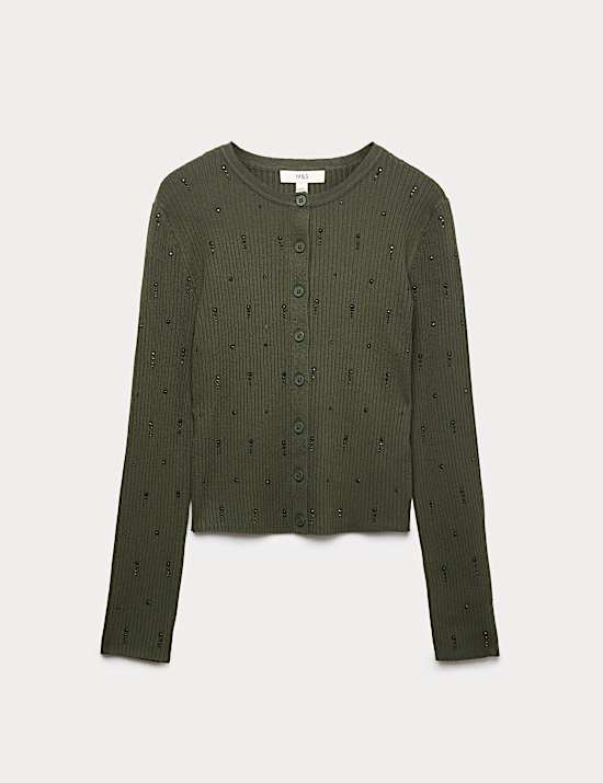 Embellished Crew Neck Fitted Cardigan
