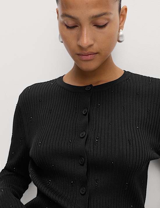 Embellished Crew Neck Fitted Cardigan