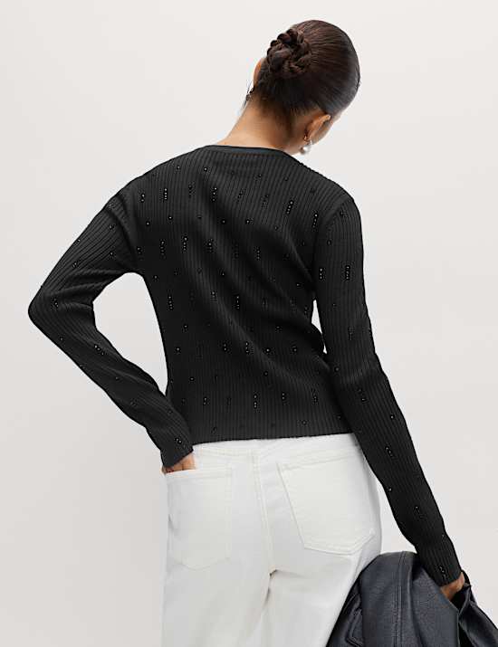 Embellished Crew Neck Fitted Cardigan