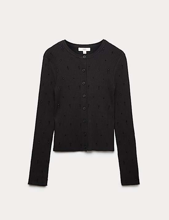 Embellished Crew Neck Fitted Cardigan