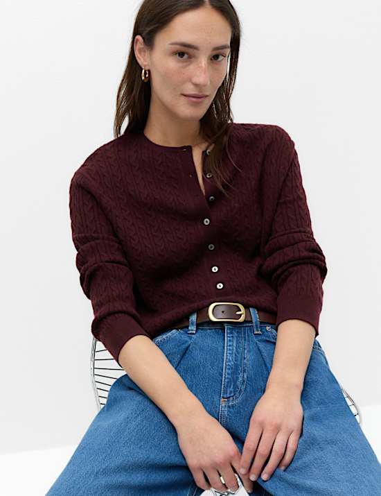 Air-Yarn Crew Neck Cable Knit Cardigan