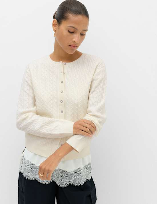 Air-Yarn Crew Neck Cable Knit Cardigan