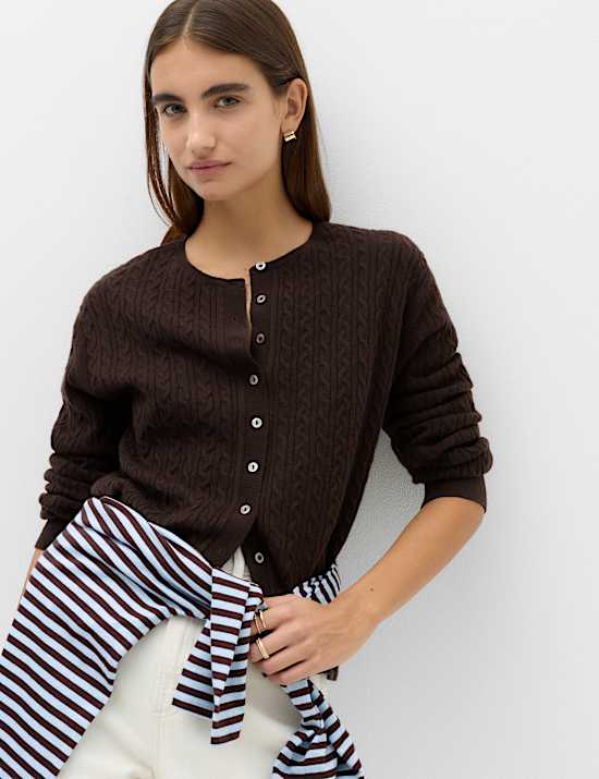 Air-Yarn Crew Neck Cable Knit Cardigan