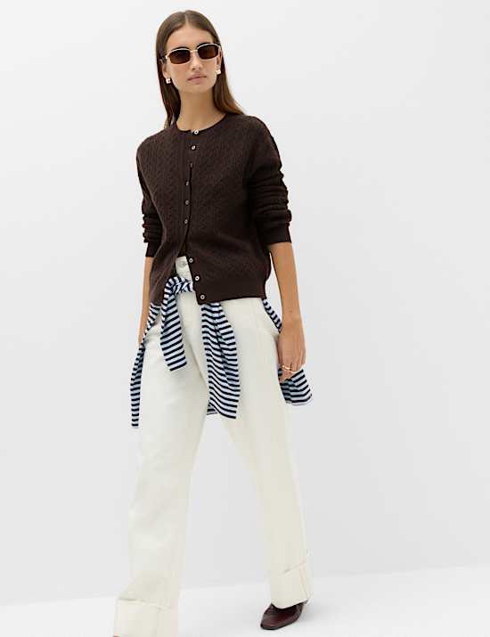 Air-Yarn Crew Neck Cable Knit Cardigan