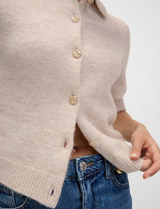 Collared Button Front Short Sleeve Cropped Cardigan with Alpaca