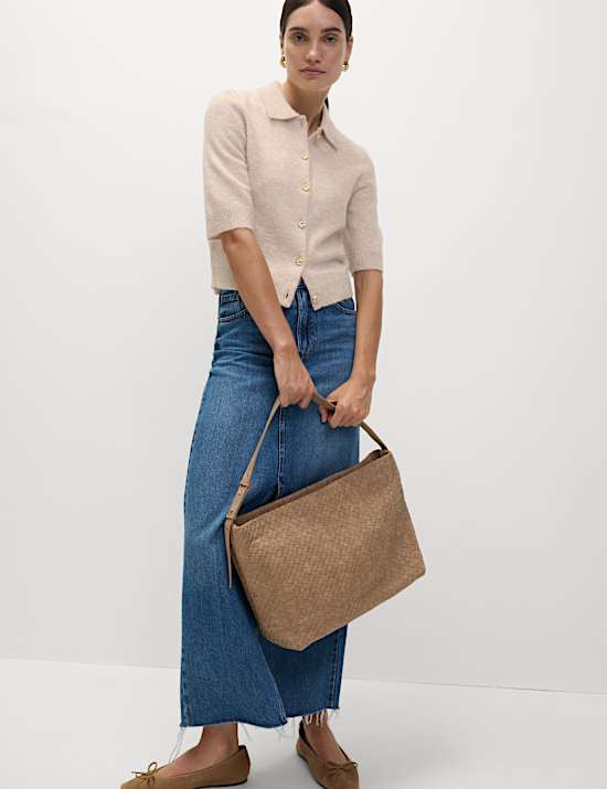 Collared Button Front Short Sleeve Cropped Cardigan with Alpaca