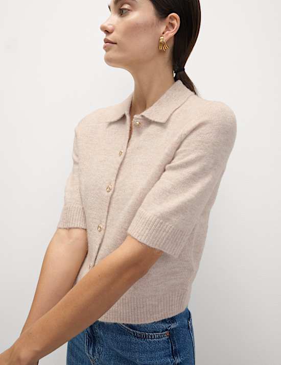Collared Button Front Short Sleeve Cropped Cardigan with Alpaca