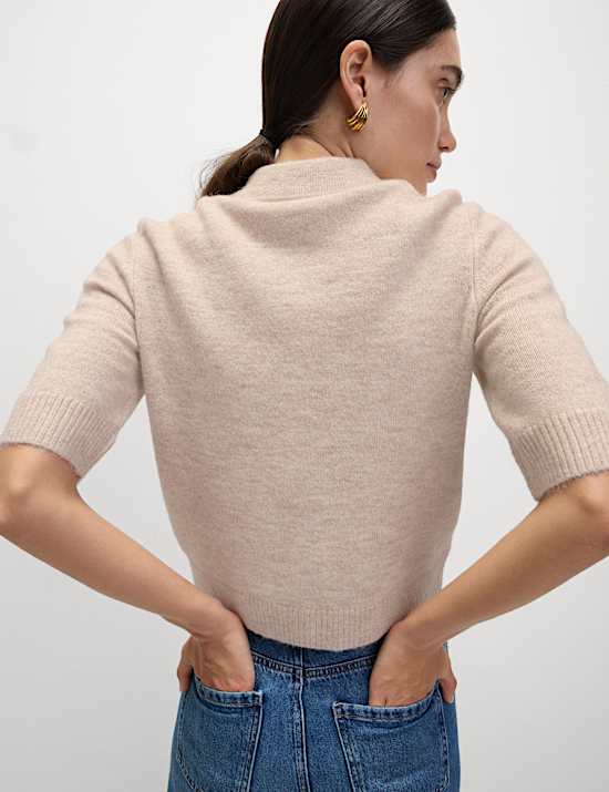 Collared Button Front Short Sleeve Cropped Cardigan with Alpaca