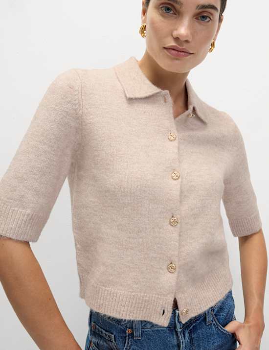 Collared Button Front Short Sleeve Cropped Cardigan with Alpaca