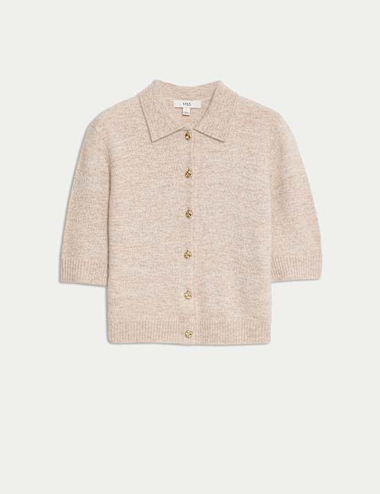 Collared Button Front Short Sleeve Cropped Cardigan with Alpaca