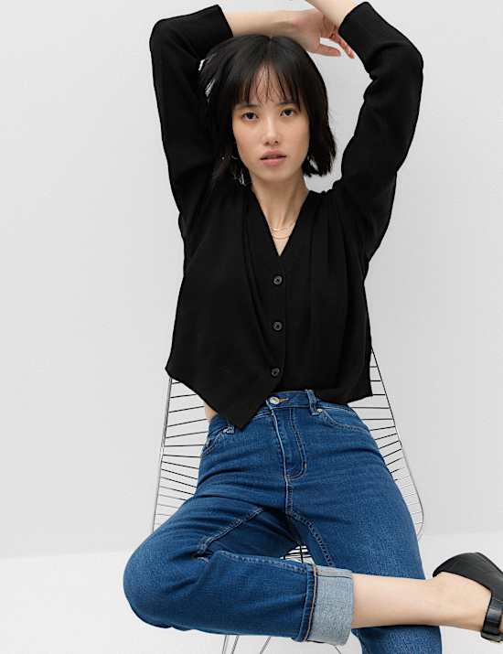 V Neck Button Front Relaxed Cardigan