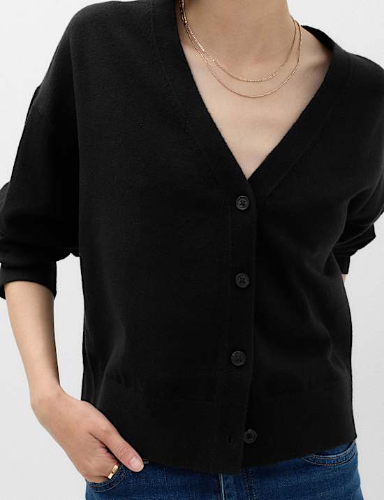 V Neck Button Front Relaxed Cardigan