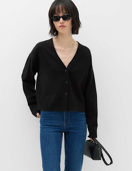 V Neck Button Front Relaxed Cardigan