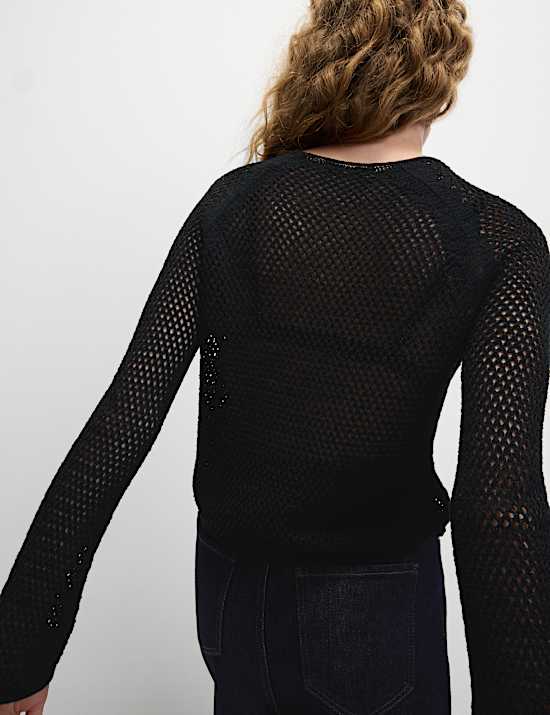 Cotton Blend Textured Crew Neck Jumper