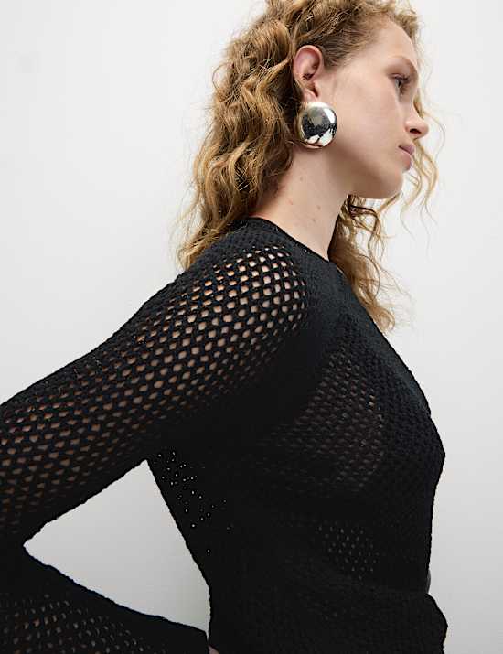 Cotton Blend Textured Crew Neck Jumper