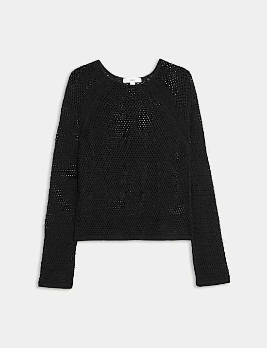 Cotton Blend Textured Crew Neck Jumper