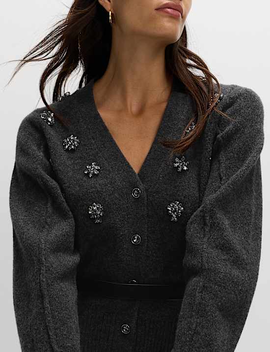 Embellished V-Neck Cardigan with Wool