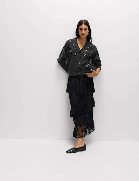 Embellished V-Neck Cardigan with Wool