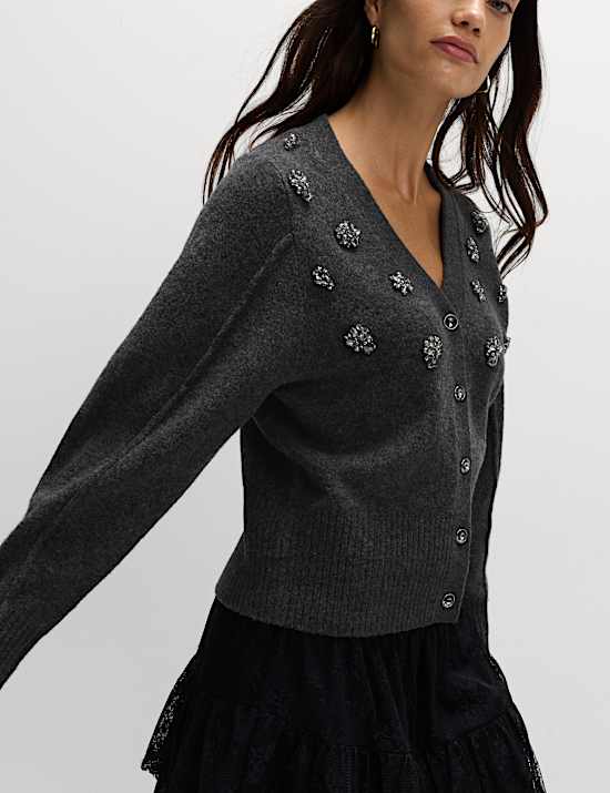 Embellished V-Neck Cardigan with Wool