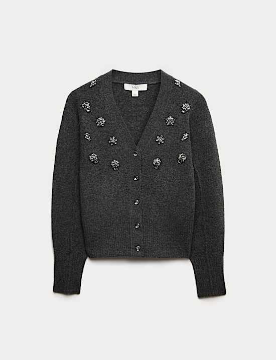 Embellished V-Neck Cardigan with Wool