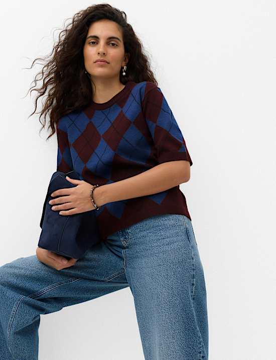 Air Yarn Argyle Relaxed Crew Neck Knitted Top