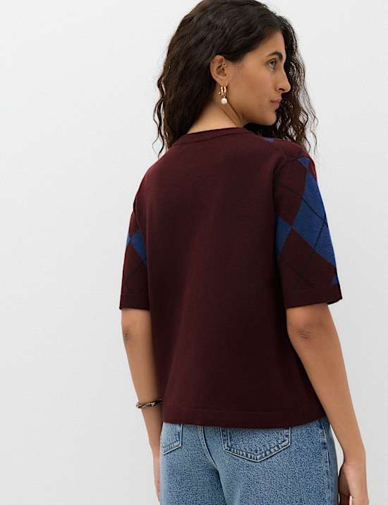 Air Yarn Argyle Relaxed Crew Neck Knitted Top