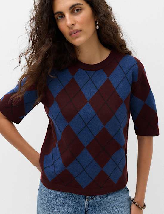 Air Yarn Argyle Relaxed Crew Neck Knitted Top