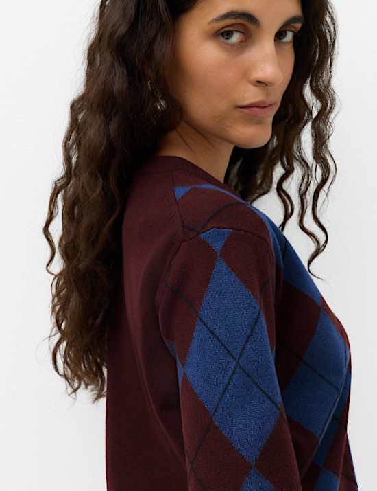 Air Yarn Argyle Relaxed Crew Neck Knitted Top
