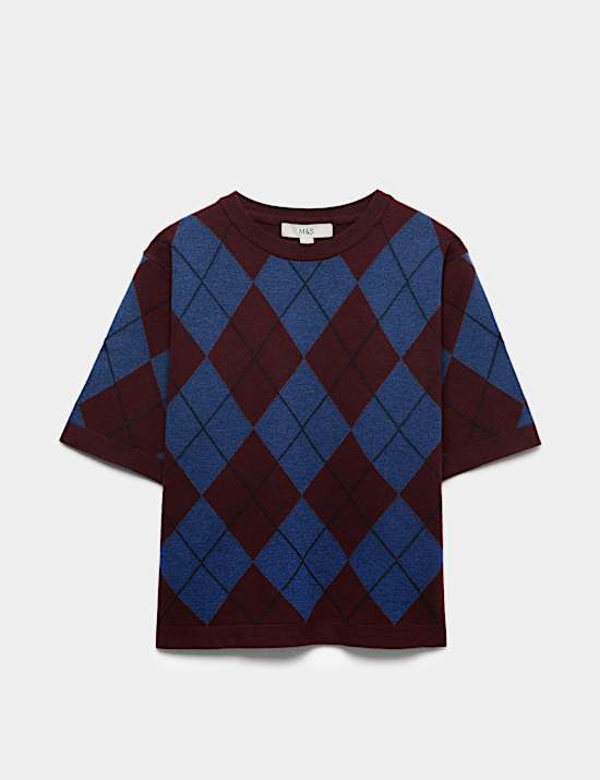 Air Yarn Argyle Relaxed Crew Neck Knitted Top