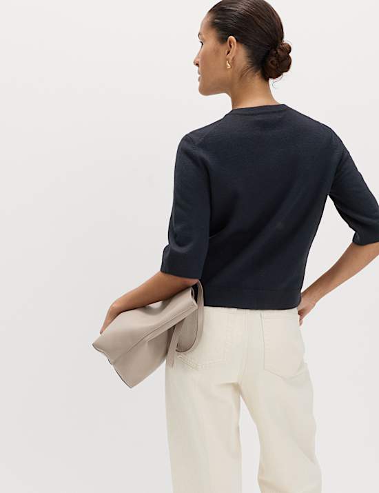 Air-Yarn Button Front Short Sleeve Cropped Cardigan