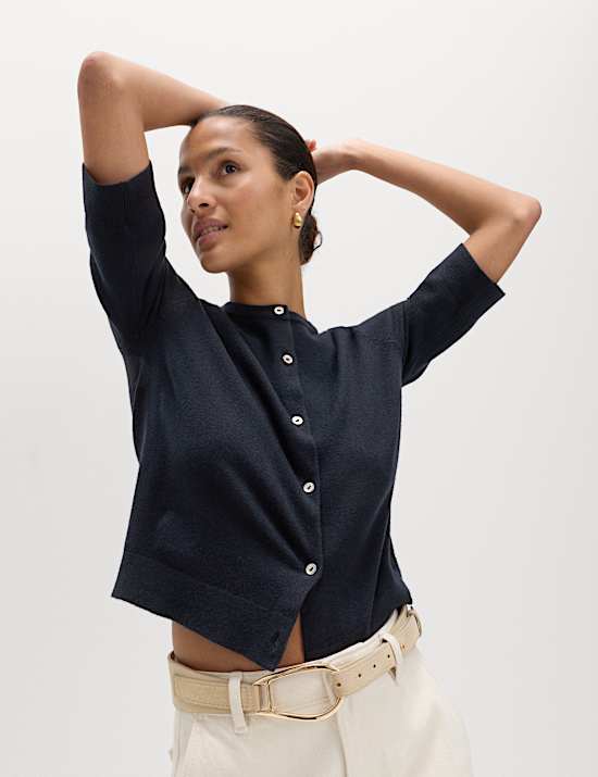 Air-Yarn Button Front Short Sleeve Cropped Cardigan