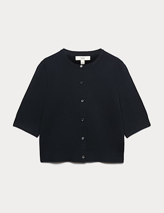 Air-Yarn Button Front Short Sleeve Cropped Cardigan