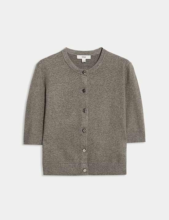 Cárdigan corto de manga corta de hilo aireado con botonadura delantera