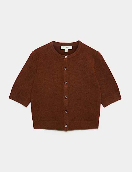 Air-Yarn Button Front Short Sleeve Cropped Cardigan