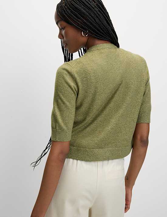 Air-Yarn Button Front Short Sleeve Cropped Cardigan