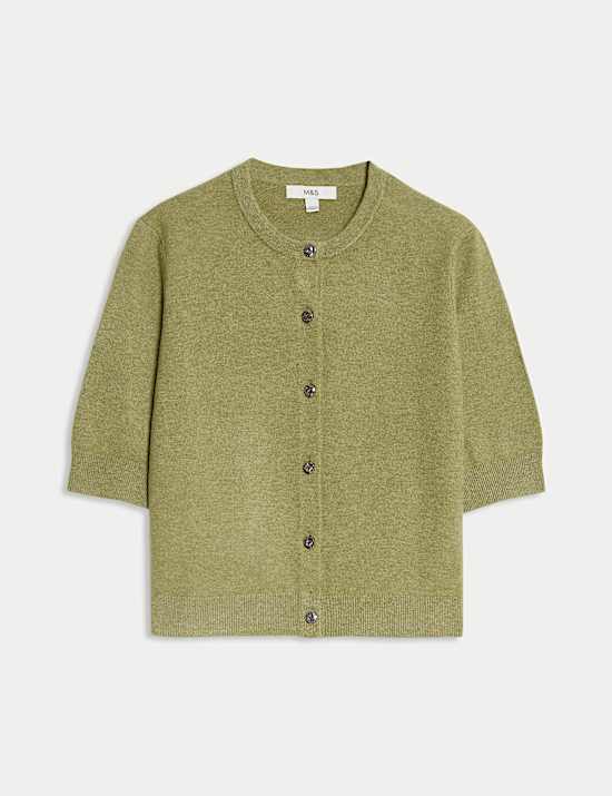 Air-Yarn Button Front Short Sleeve Cropped Cardigan