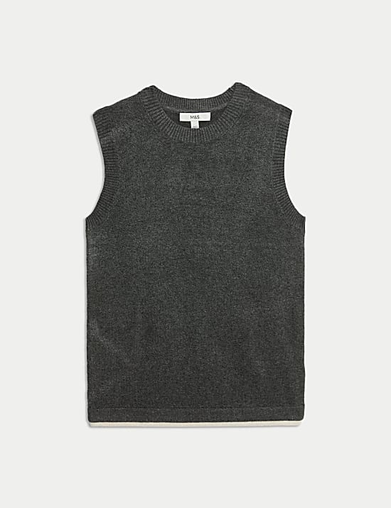 Air-Yarn Crew Neck Tipped Detail Knitted Vest