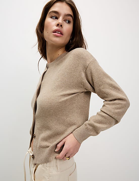 Air-Yarn Ribbed Crew Neck Cardigan