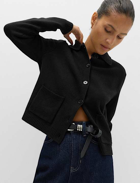 Air-Yarn Collared Relaxed Cropped Cardigan