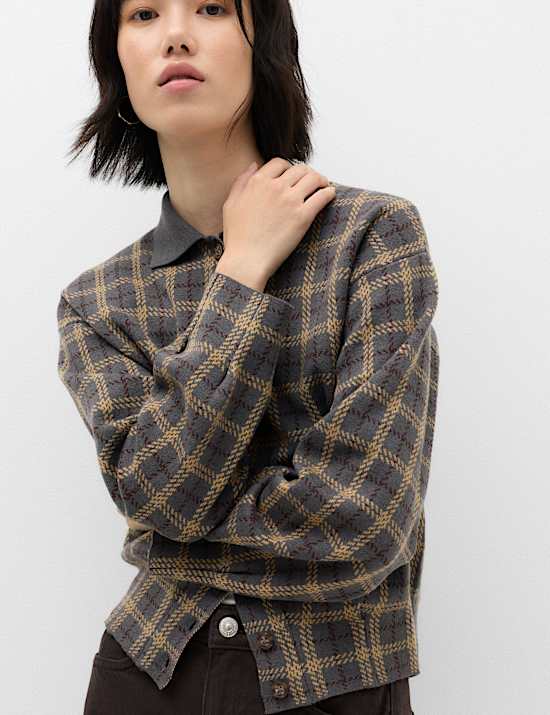 Checked Collared Button Front Cardigan with Wool