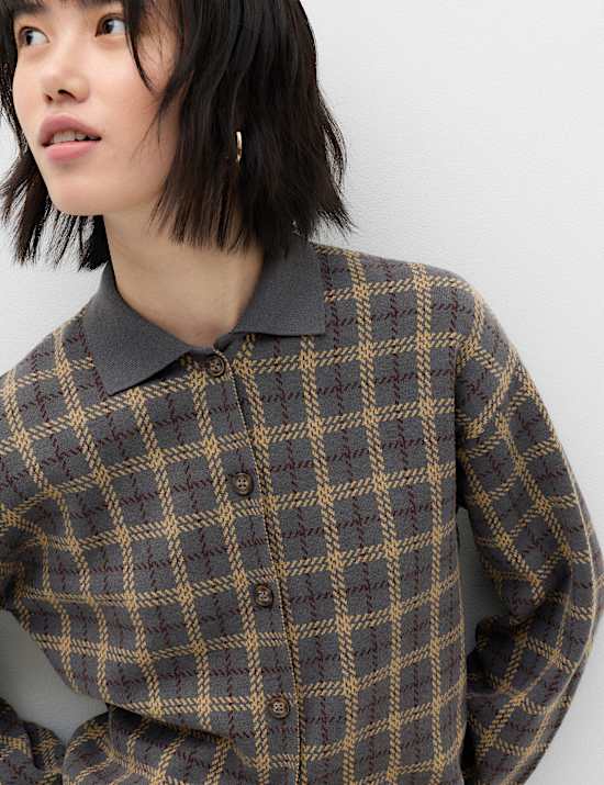 Checked Collared Button Front Cardigan with Wool