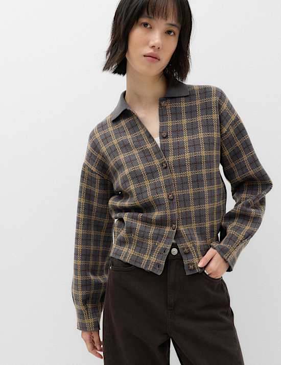 Checked Collared Button Front Cardigan with Wool
