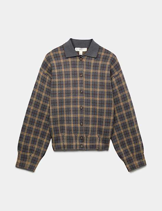 Checked Collared Button Front Cardigan with Wool