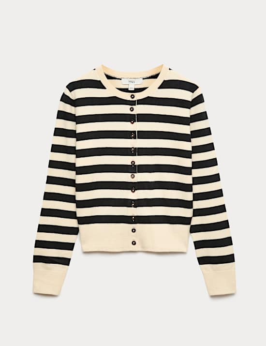 Cardigan court en maille l&eacute;g&egrave;re &agrave; rayures