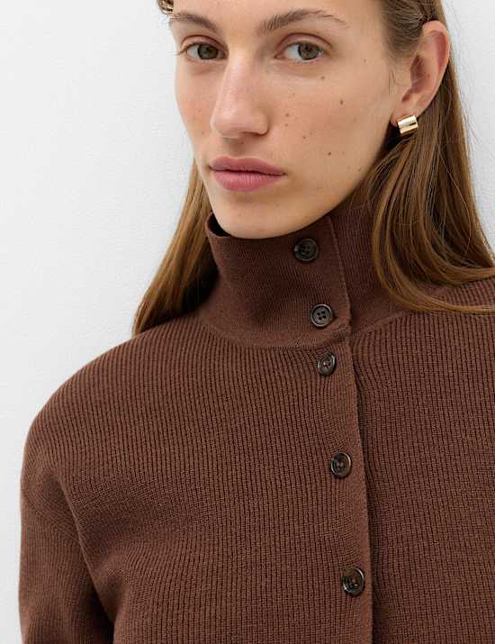 Ribbed Collared Button Through Knitted Jacket with Wool