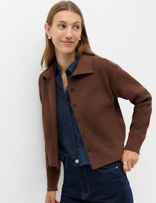 Ribbed Collared Button Through Knitted Jacket with Wool