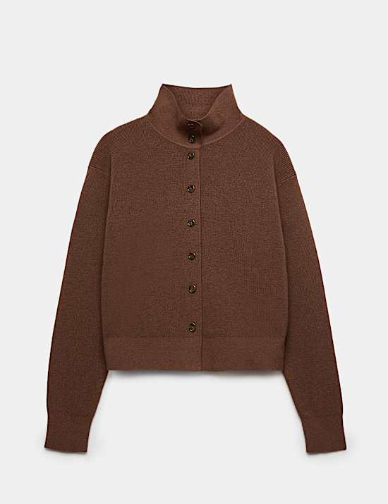 Ribbed Collared Button Through Knitted Jacket with Wool
