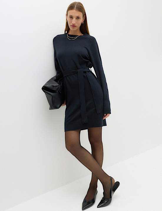 Air-Yarn Crew Neck Waisted Mini Knitted Dress
