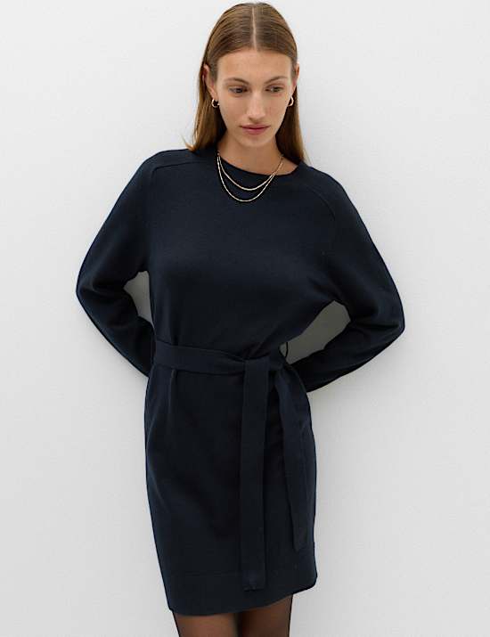 Air-Yarn Crew Neck Waisted Mini Knitted Dress